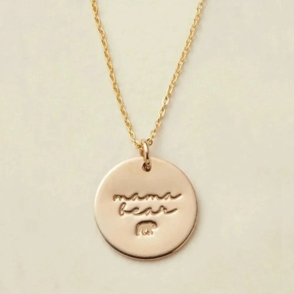 Mama Bear Dainty Gold Disc Charm Pendant Necklace